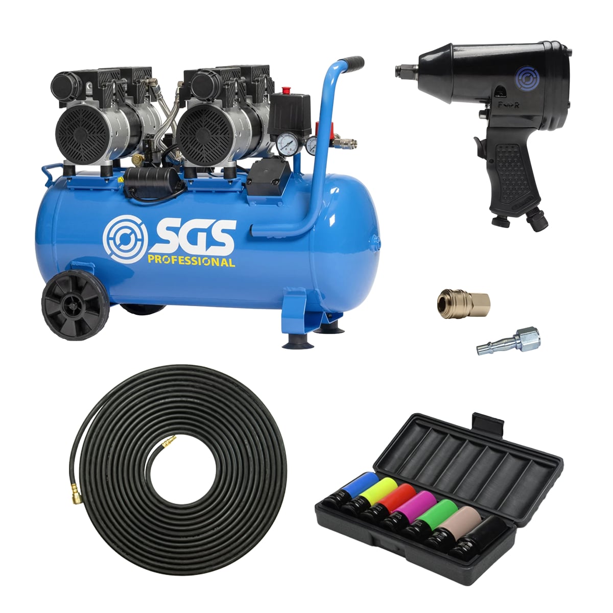 SGS 50 Litre Pro Silent Air Compressor With 340Nm Impact Wrench & Deep Socket Set – 9CFM 2HP 50L